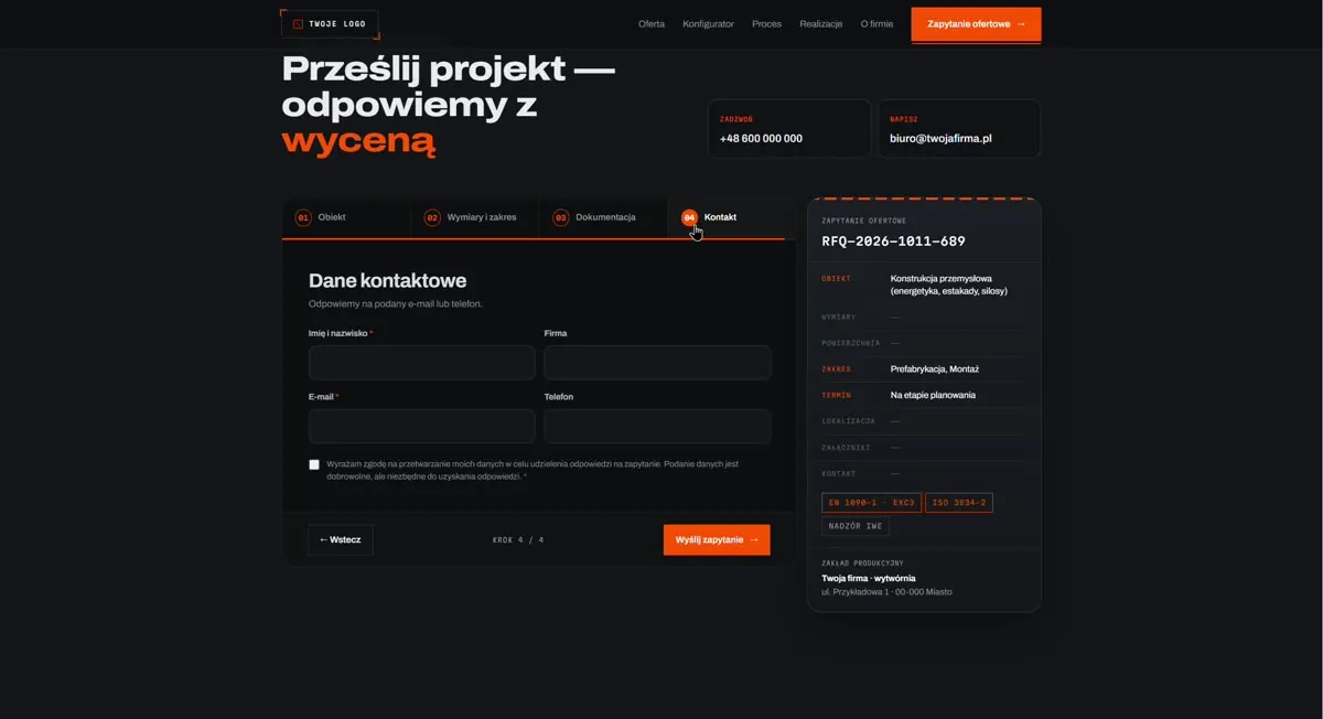 Kreator zapytania ofertowego z podsumowaniem na żywo